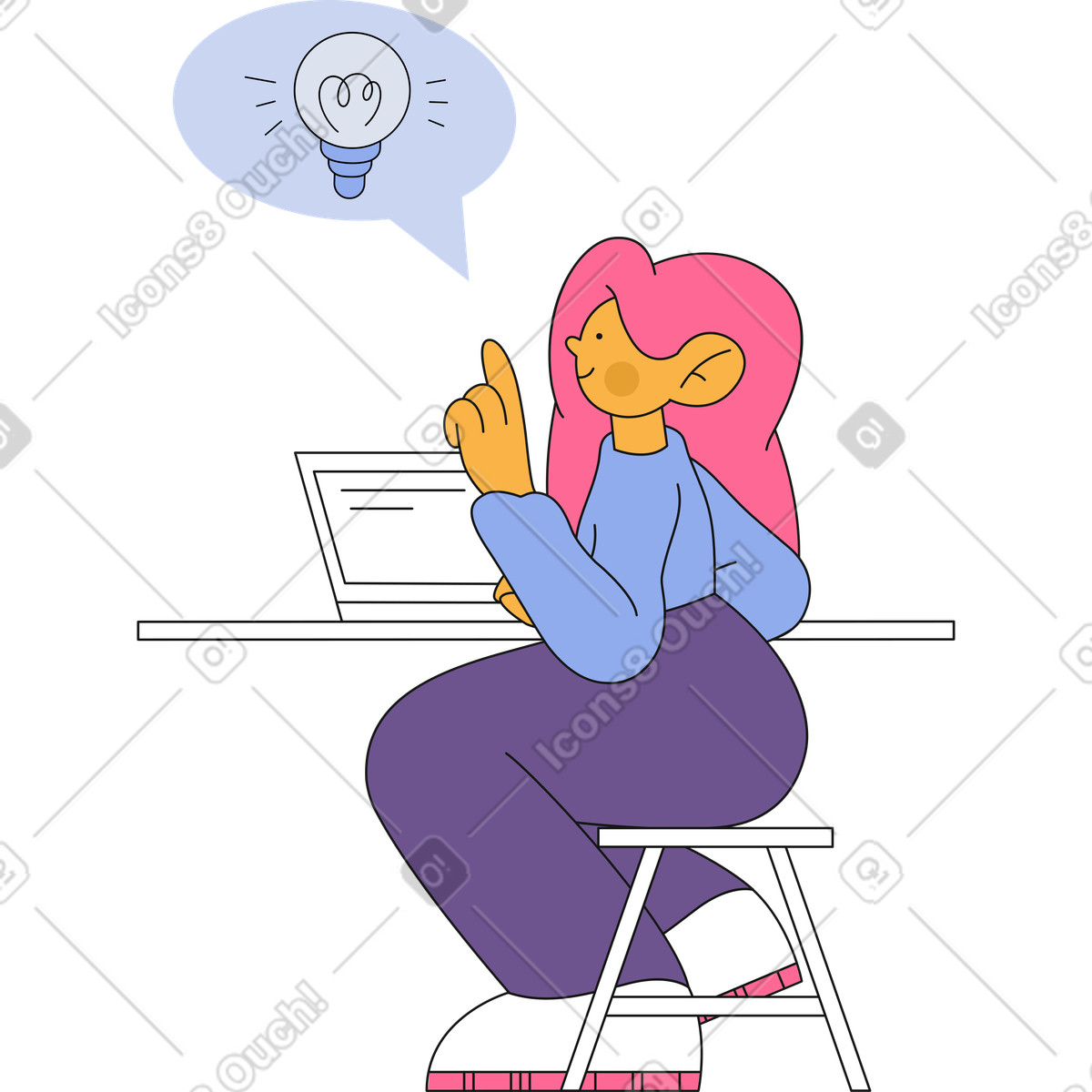 Frau tippt auf einem laptop und generiert eine idee animierte Illustration im Bloom-Stil als Download in GIF, Lottie (JSON), AE