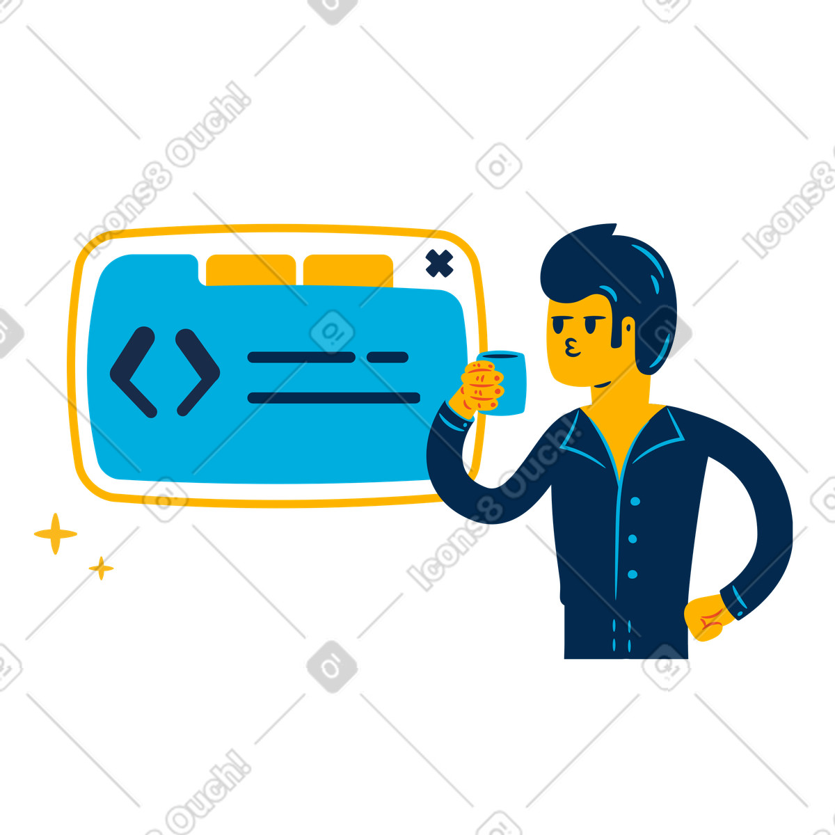 Man looking at programming code of website illustration in Flame style download in PNG, SVG