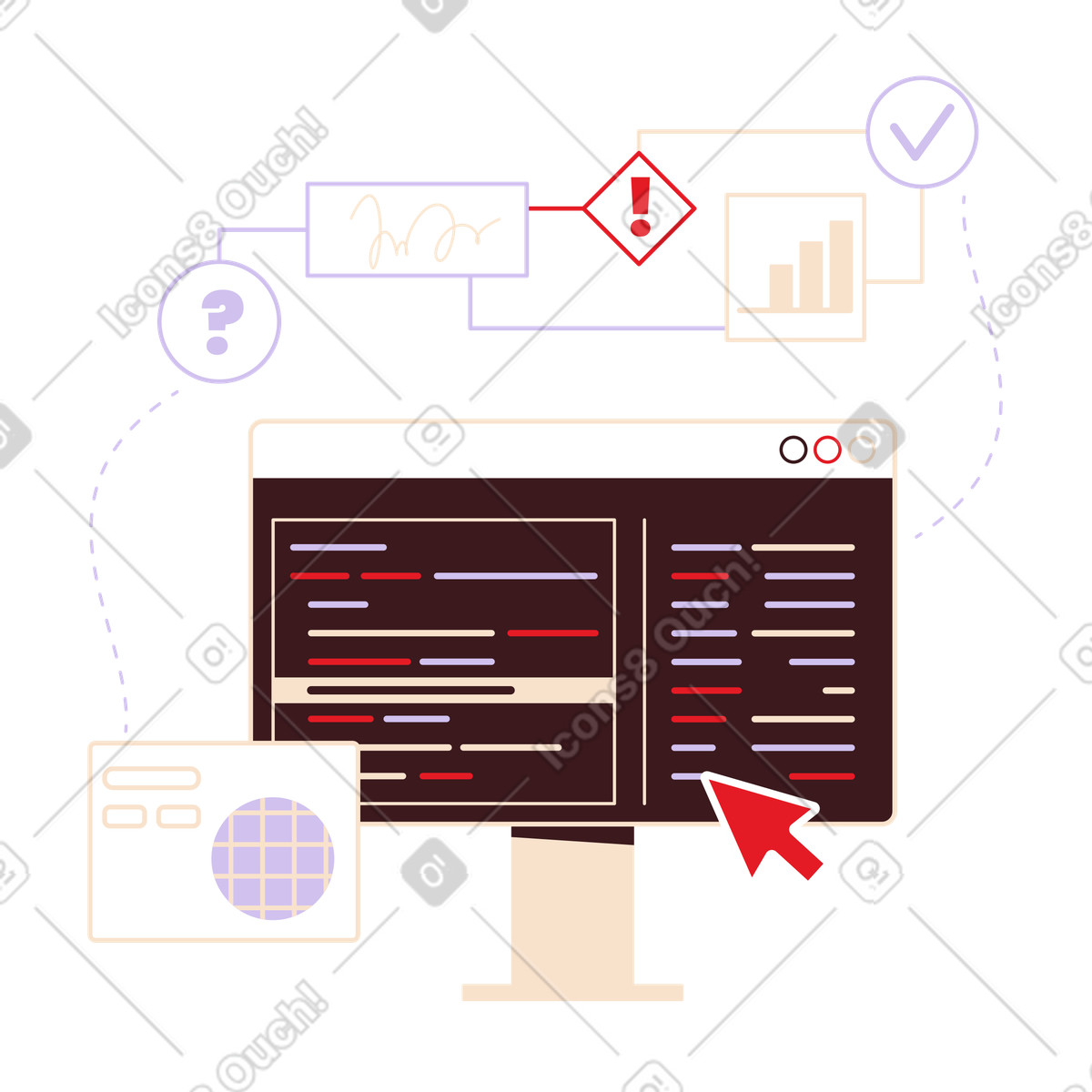 Computer screen with analytics, web elements and workflow illustration in Folks style download in PNG, SVG