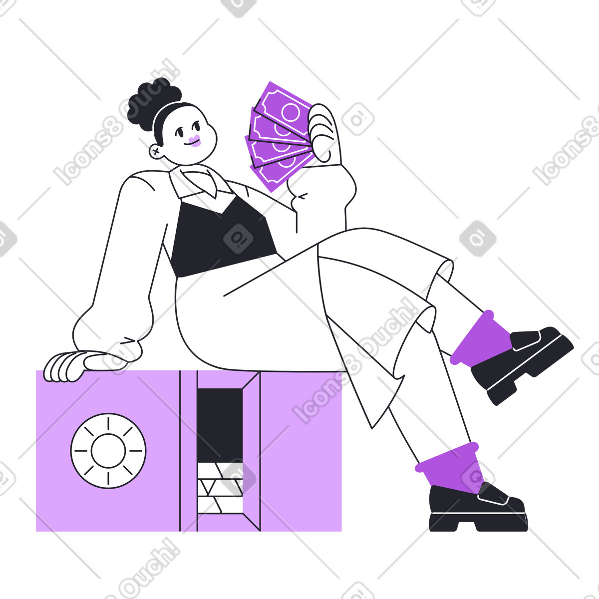 Confident executive illustration with cash and gold in safe clipart for banking and investment projects