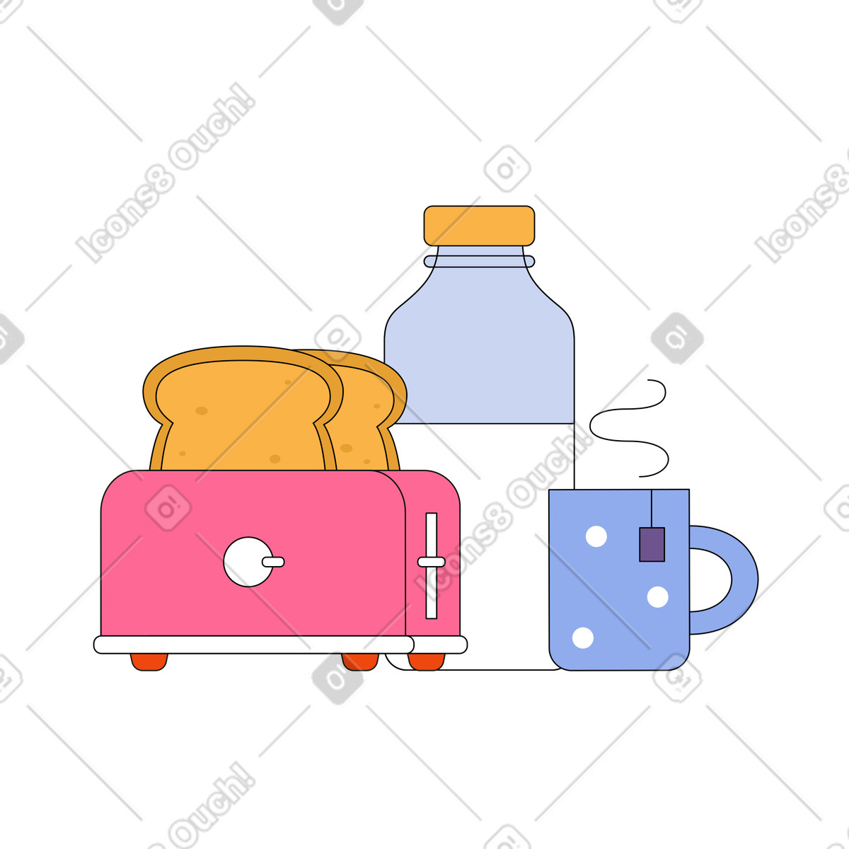 Ilustración Tostadora de pan y una botella leche. en estilo Bloom a descargar en PNG SVG