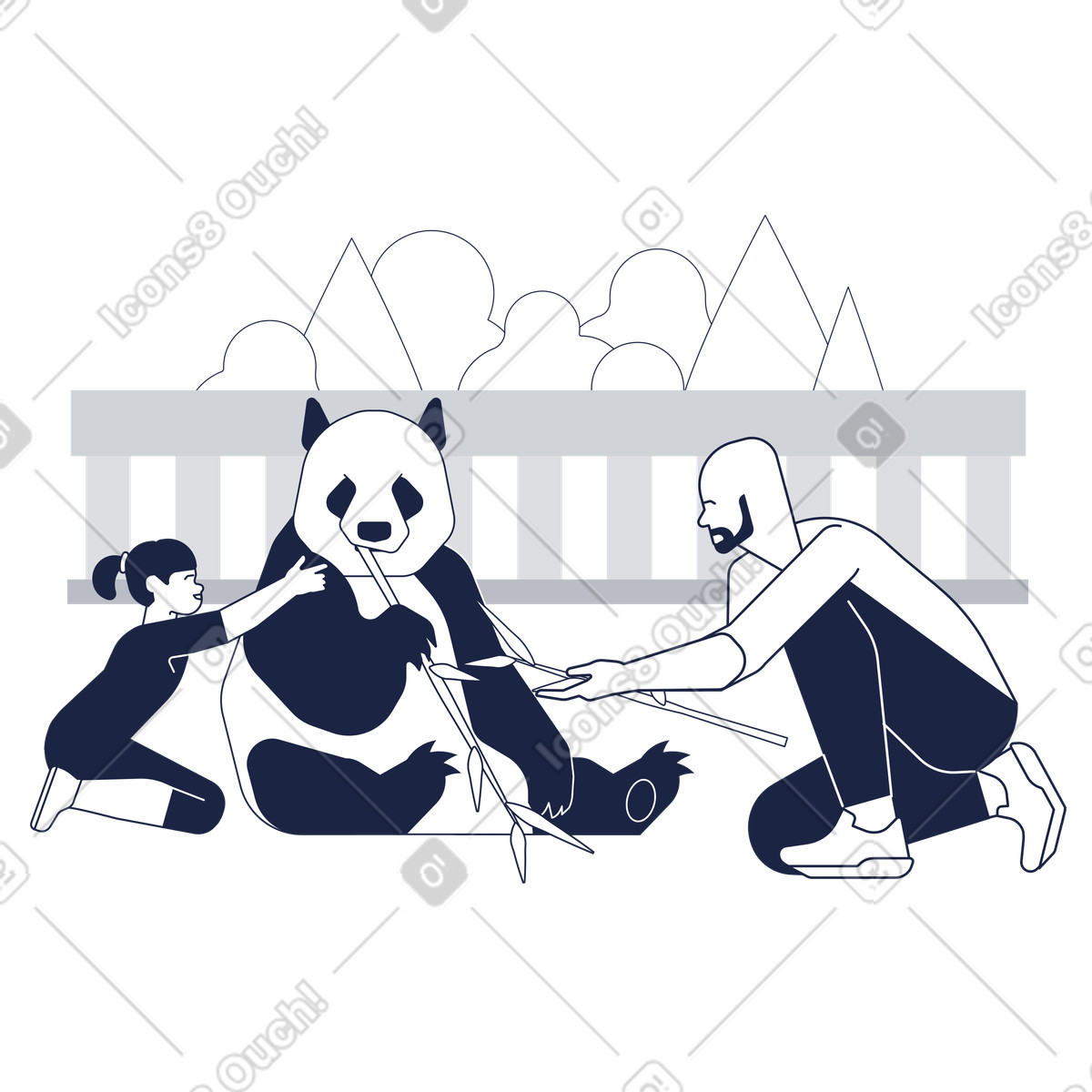 Father and daughter in a petting zoo feeding panda illustration Urban Line style download PNG, SVG