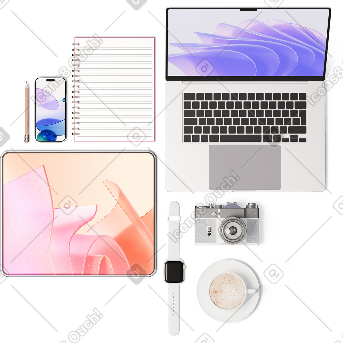 Vista dall'alto di laptop, tablet, notebook, smartphone, fotocamera, smartwatch, tazza caffè e matita illustrazione in stile 3D Hygge scarica in PNG, SVG