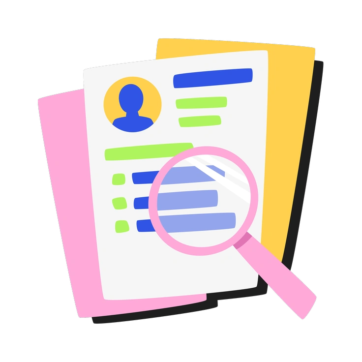 A resume with a magnifying glass - Bouncy style illustration