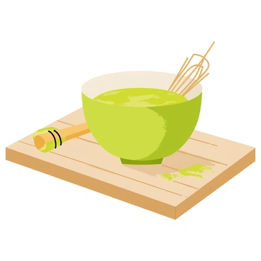 A beautifully arranged matcha bowl with a bamboo whisk and a sprinkle of matcha powder.