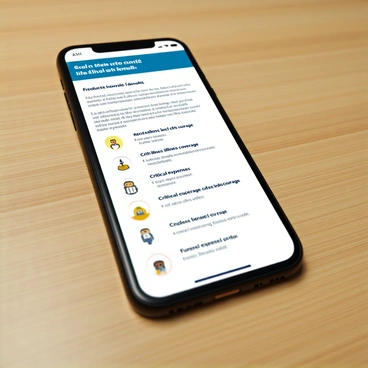 A smartphone with a sleek design and a vibrant screen is positioned at an angle, displaying a detailed life insurance policy. The screen features sections of text outlining key information about the policy, prominently showing icons that represent various benefits such as "accidental death benefit," "critical illness coverage," and "funeral expenses." Each icon is clearly defined, using simple and recognizable shapes. The smartphone rests on a wooden surface, with soft lighting enhancing its modern appearance.