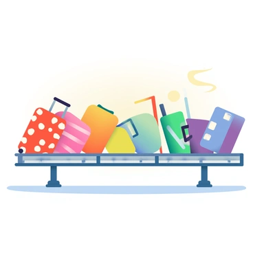 A conveyor belt is moving in a bright and colorful setting. On the belt, suitcases are arranged in a rainbow pattern, showcasing vibrant colors from red to violet. Each suitcase is distinct, with various sizes and designs, including polka dots, stripes, and solid colors. The background features a soft gradient that transitions smoothly between shades, enhancing the visual appeal of the scene. The suitcases appear to be in motion, creating a dynamic effect as they travel along the conveyor belt.