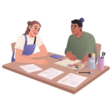 A digital flat illustration depicting an artist and a client seated at a wooden table, discussing a commission briefing. The artist is on the left, has light skin and long curly hair tied back, wearing a blue apron over a white t-shirt. The client is on the right, has medium skin and short black hair, dressed in a green sweater. Both of them are leaning towards a stack of visible pricing sheets spread out on the table, with various prices and notes written on them. The background includes a few art supplies such as paintbrushes, a palette, and a sketchpad, creating a creative atmosphere.