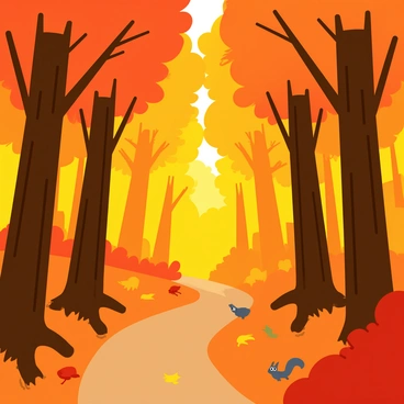 A dense forest filled with tall trees, their trunks covered in rough bark. The leaves are in vibrant shades of orange, red, and yellow, fluttering gently as the wind blows through them. Sunlight filters through the branches, casting dappled shadows on the forest floor, which is carpeted with fallen leaves. A narrow dirt path winds through the trees, inviting exploration. Small animals, like squirrels and birds, can be seen scurrying among the foliage.