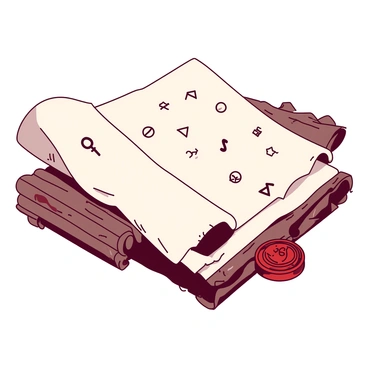 A white rolled-up parchment lies on a textured wooden surface, the edges slightly curled. The parchment is adorned with intricate black mysterious symbols that are scattered throughout. An antique wax seal in deep red sits at the base of the parchment, featuring a detailed design that adds an air of mystery. The lighting casts subtle shadows, enhancing the details of the symbols and the rich texture of the wood.