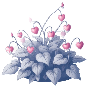 A lush garden scene filled with "bleeding heart flowers" in full bloom. The flowers are characterized by their heart-shaped pink petals, hanging delicately from their stems. They are surrounded by "leafy green foliage," creating a rich texture and depth in the garden. The overall composition showcases the abundant growth of the plants, with the flowers prominently displayed amidst the greenery.
