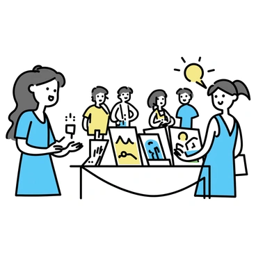 A woman, with long brown hair tied back in a ponytail, is standing at a table filled with her colorful illustrations at an outdoor art fair. She is wearing a light blue dress and is smiling as she interacts with a customer. The illustrations include various designs displayed prominently on the table, showing a mix of landscapes and abstract patterns. Surrounding her are other booths with artists showcasing their work, and people are walking by, admiring the art and engaging in conversations. Bright sun shines overhead, creating a lively atmosphere.