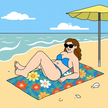 A young woman named Sarah with light skin and wavy brown hair is sunbathing on a large, vibrant beach towel with bright patterns of flowers and tropical leaves. She is wearing stylish sunglasses and a blue bikini. The towel is spread out on soft, golden sand. In the background, there are gentle waves lapping at the shore and a clear blue sky dotted with fluffy white clouds. A beach umbrella is positioned nearby, providing some shade, and there are a few seashells scattered around on the sand. Sarah has a relaxed expression as she enjoys the warm sunlight.