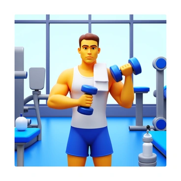A traveler in a hotel gym performing bicep curls with a dumbbell. The traveler is wearing athletic clothing, including a tank top and shorts. The gym is equipped with various exercise machines and free weights. Large windows provide natural light, illuminating the space. A towel is draped over the traveler's shoulder, and a water bottle rests on a nearby bench. The traveler's focused expression shows determination and effort while lifting the weights.