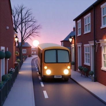 A yellow school bus, with its headlights on, is driving down a narrow street in a British town during dusk. The sky is painted in shades of purple and blue as the sun sets on the horizon. The bus is in motion, with its windows reflecting the soft glow of the headlights. Traditional brick houses line the street, adorned with small gardens that are beginning to lose light. Street lamps are illuminated, casting a warm glow on the pavement. A few trees with sparse leaves are silhouetted against the fading light in the background.