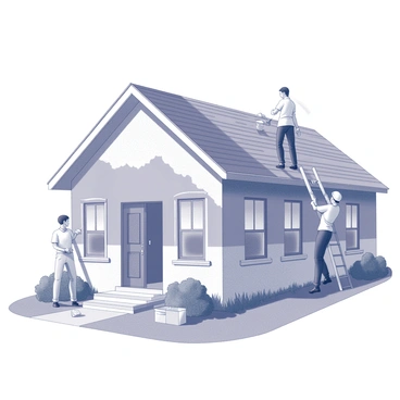 A group of several volunteers is actively engaged in painting an old community center. One volunteer is applying a fresh coat of paint to the exterior wall using a paint roller, while another is carefully patching up a section of the wall with filler. A third volunteer is holding a ladder steady for a fourth person who is working on the roof, inspecting shingles. Various tools, including paintbrushes, buckets, and a toolbox, are scattered around the area. The community center has large windows and a welcoming entrance, and the surrounding area features green grass and a few trees.