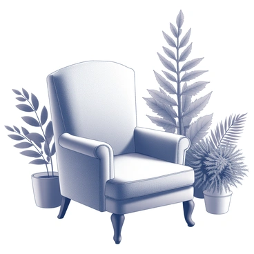 A stylish fauteuil with elegant curves and detailed upholstery is placed prominently in the center of the image. The chair features ornate armrests and a rounded backrest, exuding sophistication. Surrounding the fauteuil are various leafy indoor plants, including tall ferns and bushy greenery that fills the space with texture. The plants vary in height and leaf shapes, creating a lush, inviting environment. The composition emphasizes the contrast between the smooth fabric of the chair and the vibrant foliage of the plants, enhancing the overall atmosphere of refreshment.