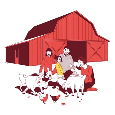 A red barn stands in the background, with its large double doors slightly ajar. In the foreground, a family of four is gathered around a group of goats, eagerly feeding them with small handfuls of food. The goats are lively and curious, with their heads leaning forward to munch on the treats. Nearby, a few chickens are pecking at the ground, showing their colorful feathers. The parents are smiling at their children, who are filled with joy as they interact with the animals. The scene captures the warmth and excitement of a day spent at the farm.