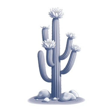 A cactus is standing prominently in the center of the image. The cactus has multiple arms and is adorned with numerous flowers blooming vibrantly at its tips. The flowers are intricate, showcasing petals with detailed shapes. Surrounding the base of the cactus, there are small rocks scattered across the ground, emphasizing its resilience in a harsh environment. A faint outline of a desert landscape can be perceived in the background, suggesting a dry and arid condition. The overall composition highlights the cactus as a symbol of strength and perseverance.