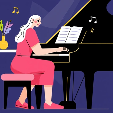 A woman with long hair playing a grand piano with passion. She wears a flowing red dress that contrasts with the dark wood of the piano. The room is dimly lit, with soft light illuminating her focused expression and casting gentle shadows around her. Sheet music is open on the piano, and a few scattered music notes hover in the air around her, suggesting the music she is creating. A cozy atmosphere is enhanced by a small vase of flowers on a nearby table.