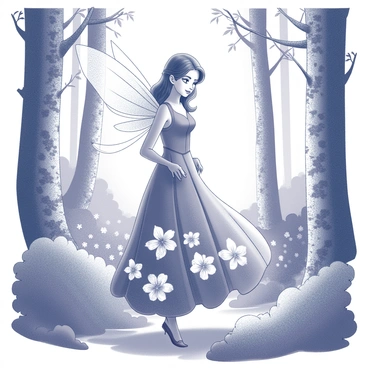 A mystical dress featuring flowers of various colors, modeled by a fairy in an enchanted forest.