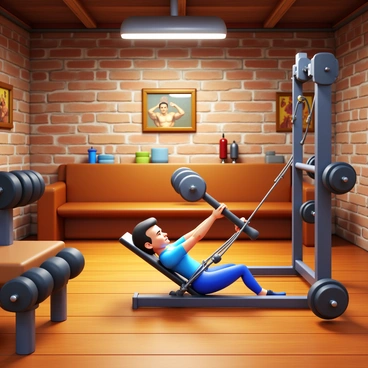 An old-school gym filled with vintage fitness equipment. There are classic dumbbells and a wooden bench press. A person is performing a cable crunch on a cable machine. The individual has a focused expression, with sweat glistening on their brow. The gym has exposed brick walls and wooden flooring, with posters of vintage bodybuilders on the walls. Bright overhead lights illuminate the scene, creating a dynamic atmosphere.