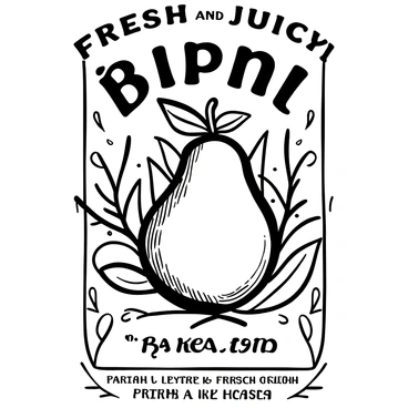 A vintage-style advertisement poster featuring an intricately illustrated "birne" (pear) at the center. The pear has a textured surface and a distinct shape, surrounded by stylized leaves and vines. The background shows ornamental patterns that reflect a classic design. The words "Fresh and Juicy" are prominently displayed above the pear in an elegant font, while the bottom of the poster includes details about its origin and quality in smaller text.