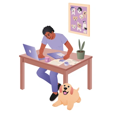 A person sitting at a desk, filling out a registration form for a pet lovers' community. The person has medium skin and short curly hair, wearing a light blue T-shirt and jeans. A playful dog, a golden retriever with fluffy fur, is lying next to the desk, looking up with a happy expression. The desk has a laptop, a few pet magazines, and a plant in a small pot. A colorful poster of various dog breeds is hanging on the wall behind them. A cup with a paw print design sits on the desk beside the laptop.