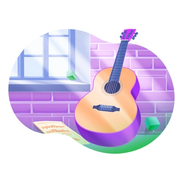 A single acoustic guitar with a polished wood finish resting against a weathered brick wall. The guitar is positioned at a slight angle, showcasing its curved body and intricate fretboard details. Sunlight streams in from a nearby window, casting soft shadows on the textured surface of the wall. Scattered around the base of the guitar are a few sheet music pages, hinting at melodies ready to be played.