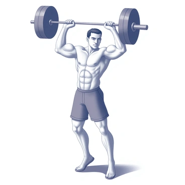 A person is standing with a confident posture while lifting a heavy barbell above their head. Their muscles are clearly defined, showcasing physical strength and determination. The individual has a focused expression on their face, indicating concentration and inner strength. The setting is minimal, emphasizing the person's powerful stance and the weight they are lifting. The floor beneath them is sturdy, supporting their impressive display of strength.