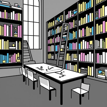 A large library with tall wooden shelves filled with numerous spellbooks, each bound in different colors and textures. The shelves overflow with magical artifacts, including glowing orbs and ancient scrolls. The floor is made of dark polished wood, and there are large windows allowing soft light to illuminate the space. A wooden ladder leans against one of the shelves, providing access to the higher books. In the center, a large wooden table is surrounded by several chairs, where an open spellbook lies, revealing intricate illustrations and text.