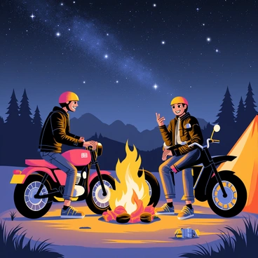 Two motorcyclists sitting around a campfire next to their bikes, with one of the bikes being red and the other black. The scene is illuminated by warm, flickering flames. The motorcyclists, dressed in leather jackets and helmets, are sharing stories and laughing. Above them, a starlit sky filled with bright stars and a visible Milky Way creates a beautiful backdrop. A tent is pitched nearby, and the ground is covered with grass and scattered camping gear.