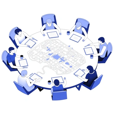 City planners are gathered around a circular table, engaging in a discussion. The table has a large, detailed city map laid out in the center, showcasing various streets, parks, and buildings. Each planner has a notepad and pen in front of them, with some leaning forward, actively pointing at specific areas on the map. Others are taking notes or looking intently at the map. There are coffee cups and digital tablets on the table, adding to the scene of collaboration and planning. The room is well-lit, emphasizing the focus on the map and the planners' interactions.