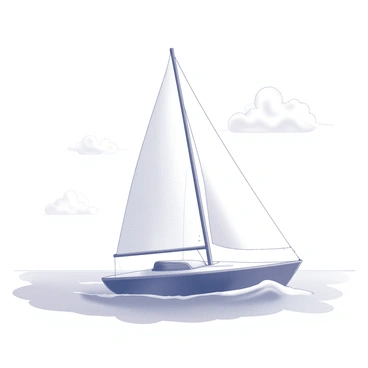 A sailboat with a single large white sail is gliding across a calm sea. The boat has a sleek hull and is positioned with the sail fully extended, capturing the wind. The water is gently rippling around the boat, creating small waves. In the distance, a clear horizon can be seen where the sea meets the sky, with a few fluffy clouds scattered above. The sailboat appears to be making good progress, with its bow cutting through the water effortlessly.