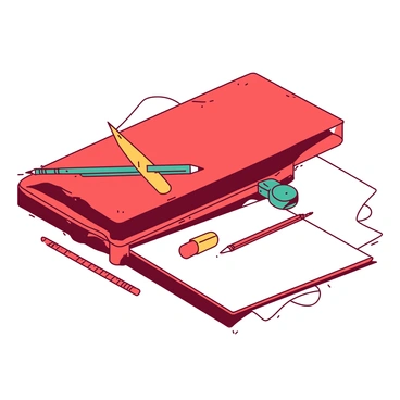 A red illustration test kit is placed on a white table. The kit is open, revealing an array of essential tools for the exam, including a yellow pencil, an orange eraser, and a teal ruler. Next to the kit, there is a white sketchpad with a blank page, ready for drawing. A small teal sharpener is positioned beside the tools, completing the setup. The background is simple and focuses on the test kit and its contents.