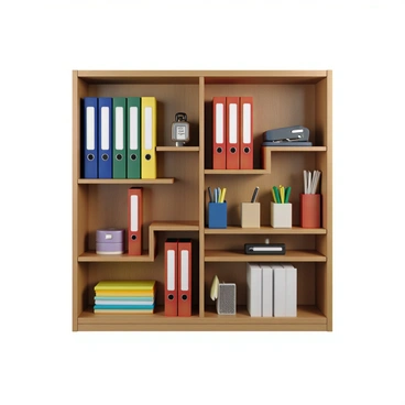 A wooden shelf with a polished finish, featuring multiple compartments. Each compartment contains neatly arranged, labeled binders in various colors, including blue, green, red, and yellow. The labels on the binders are clear and readable, indicating their contents. Alongside the binders, there are organized office supplies such as a stapler, a box of paper clips, and a collection of pens in a holder. There are also sticky notes in bright colors stacked neatly. The overall arrangement conveys a sense of orderliness and efficiency.