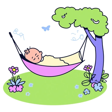 A garden setting with vibrant green grass and colorful flower beds. In the center, there is a shaded hammock made of soft fabric, gently swaying. A newborn is peacefully napping in the hammock, wrapped in a light blanket. Soft sunlight filters through the leaves of nearby trees, creating dappled shadows on the ground. The scene is tranquil, with a few butterflies fluttering around the flowers.