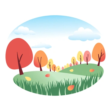 A peaceful meadow in autumn filled with tall grass swaying gently in the breeze. Trees with vibrant, colorful leaves in shades of red, orange, and yellow surround the meadow, with several leaves falling gracefully to the ground. The sky overhead is clear and blue, creating a bright and cheerful atmosphere. In the distance, a few fluffy white clouds drift lazily across the expanse of sky, adding to the serene landscape.