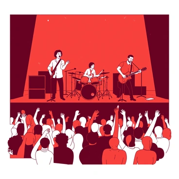 An energetic concert scene with musicians playing on stage and a cheering crowd