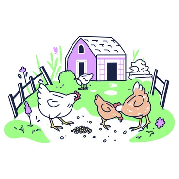 A group of chickens is pecking at grains scattered on a rustic farmyard. The chickens are of various breeds, including a fluffy white one and a speckled brown one. They are surrounded by weathered wooden fences and patches of dirt. In the background, there is a small barn with a sloped roof and a haystack nearby. A few wildflowers are growing at the edges of the farmyard, adding to the liveliness of the scene.