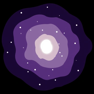 A swirling galaxy with a central bright spiral structure in shades of deep purple. The galaxy features numerous small white stars scattered throughout, creating a contrast against the darker areas. The background transitions smoothly from a rich, deep purple at the edges to a solid black at the center, enhancing the visual depth of the image.