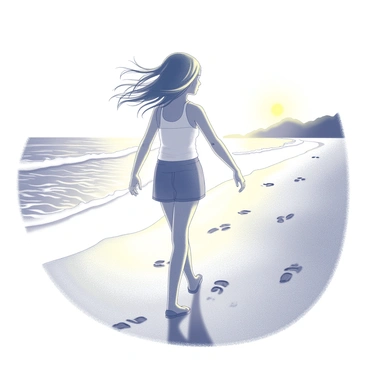 A girl walking along a sandy beach. Her sun-kissed skin glistens against the warm light of sunset. The wind has tousled her hair, creating a dynamic appearance as it flows behind her. The beach extends on either side, with gentle waves lapping at the shore. The sand is textured with footprints leading in the direction she walks. In the background, the sun is low in the sky, casting elongated shadows.