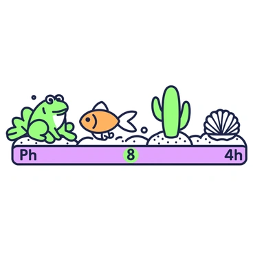 A pH scale is illustrated horizontally. To the left, a frog is sitting on a section labeled "6", representing its preference for slightly acidic environments, surrounded by green foliage. Next, a goldfish is perched comfortably on the "7" mark, indicating its preference for neutral pH, with bubbles rising around it. Further right, a cactus sits on "8", indicating a preference for slightly alkaline conditions, with a small desert landscape. Finally, a clam is situated at "4", signifying its preference for more acidic environments, resting on a sandy texture. Each animal is clearly depicted and associated with its respective pH value, showcasing their preferred habitats.