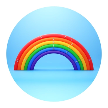 A vibrant rainbow arching across the sky. Each band of the rainbow is filled with a distinct sequence of numbers, with the colors vividly transitioning from red, orange, yellow, green, blue, indigo, to violet. The numbers are clearly visible within each band, standing out against the bright colors. The scene is set against a clear blue sky, enhancing the colorful display of the rainbow.
