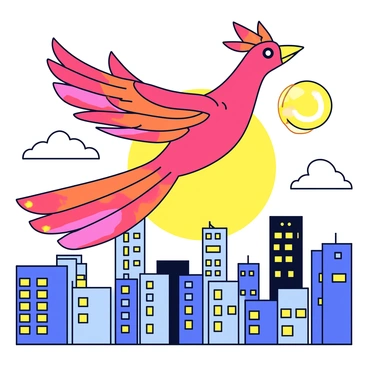 A vibrant phoenix with fiery red and orange feathers, displaying intricate details in its plumage, is soaring gracefully through the sky. The sun is rising, casting a warm golden light across the scene, illuminating the edges of the phoenix’s wings. Below, a bustling modern city is visible, filled with tall skyscrapers and glowing windows. The buildings reflect the colors of dawn, creating a blend of warm hues in the urban landscape. There are a few scattered clouds in the sky, adding depth to the setting.
