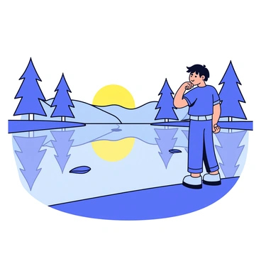 A hero stands at the edge of a calm lake, gazing into the clear water. The hero has short, dark hair and wears a simple, rugged outfit. The reflection in the lake mirrors the hero's thoughtful expression and their silhouette against the surrounding trees. Gentle ripples disturb the surface of the water, while a few leaves float nearby. The scene is peaceful, with the sun setting in the background, casting warm light across the landscape.