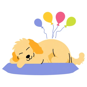 A labradoodle with a fluffy golden coat is peacefully sleeping on a soft blue pillow. Its eyes are gently closed, and a content expression is on its face. Above the labradoodle, several colorful balloons in various shades of red, yellow, blue, and green are floating in the air. The balloons are slightly swaying as if caught in a gentle breeze. The overall scene conveys a sense of tranquility and playful dreams.