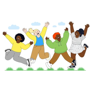 A group of five friends with diverse features is jumping in the air with joy. One friend has curly black hair and is wearing a bright yellow shirt, another has straight blonde hair tied in a ponytail and is wearing a blue tank top. The third friend has wavy brown hair and is dressed in a green hoodie, while the fourth has short red hair and is wearing a striped t-shirt. The fifth friend has long dark hair and is in a polka dot dress. They all have their arms raised high and are smiling widely. The background shows a sunny day with a few fluffy clouds and green grass beneath them. The friends are positioned in various poses, adding to the sense of celebration and excitement.