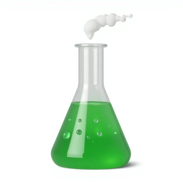 An Erlenmeyer flask made of clear glass, filled with a bright green liquid that is bubbling vigorously. The surface of the liquid shows small bubbles rising and bursting. Steam is escaping from the top of the flask, creating a wispy trail. The flask has a sturdy base and a narrow neck, which is slightly constricted at the top. The background is a neutral color to emphasize the flask and its contents.