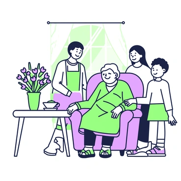 An elderly person is sitting in a comfortable armchair at home, wrapped in a soft blanket. They have a content expression on their face, showing signs of recovery from pneumonia. Surrounding them are family members, with one person holding their hand gently. A table nearby is adorned with a vase filled with fresh flowers, adding a touch of color to the scene. Sunlight streams through the window, casting a warm glow on the family gathering. One family member is smiling, while another is preparing a comforting bowl of soup on the side.